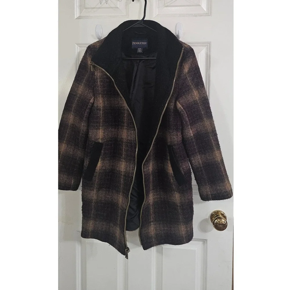 Pendleton Womens Brown Plaid Wool Blend Zip Front Walker Coat Jacket Size M